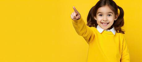 lächelnd wenig Mädchen geben ein Daumen oben Anzeige ein leer Raum zum Werbung Studio Foto auf Gelb Hintergrund