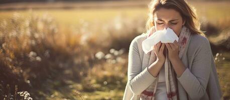 ein Mädchen mit Allergien weht ihr Nase im ein Taschentuch foto