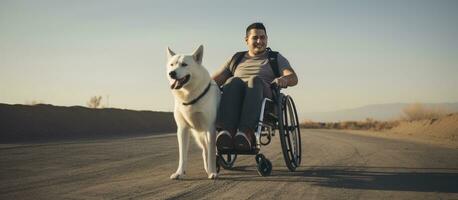 Erwachsene Mann im Rollstuhl mit Weiß Hund draußen Kopieren Raum foto