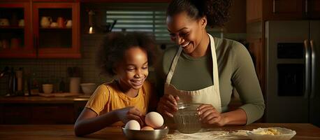 afrikanisch amerikanisch Mutter und Tochter vorbereiten Teig im Küche foto