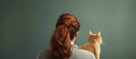 unbekannt Frau halten schön Ingwer Katze von hinter leer Bereich foto