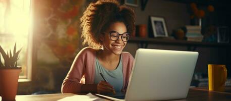 afro amerikanisch Mutter und Tochter mit Laptop zum Schule Projekt nehmen Anmerkungen Mutter assistieren Teen mit Hausaufgaben beim Küche Tabelle foto