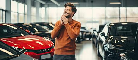 begeistert jung Mann Umarmen Neu Auto sich vorstellen Kauf beim Ausstellungsraum Erfreut tausendjährig gelehnt auf Luxus Fahrzeug beim Händler foto