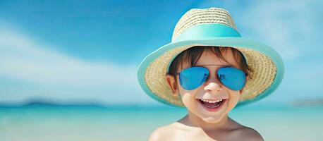 lächelnd Junge im Blau Schatten und Hut genießt Sommer- Ferien durch das Strand foto