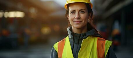 erfolgreich weiblich Ingenieur im Helm und Sicherheit Weste Stehen beim Konstruktion Seite? ˅ suchen beim Kamera mit Kopieren Raum foto