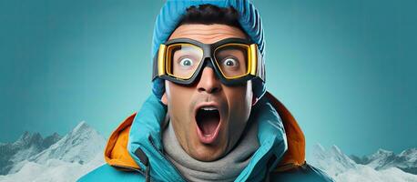 Erwachsene Mann tragen Winter Jacke und Ski Brille mit ein verwirrt Gesicht Ausdruck Stehen gegen Blau Hintergrund mit Kopieren Raum männlich Snowboarder fördern foto