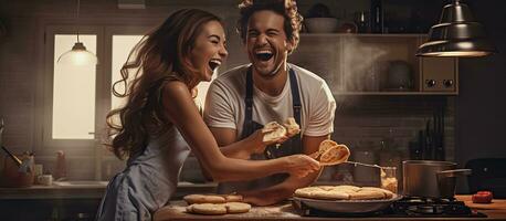 Paar genießen Kochen Pfannkuchen zusammen beim Zuhause foto