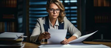 ein kaukasisch Frau Unternehmer oder Sekretär Sitzung beim ihr Büro Schreibtisch Überprüfung Unterlagen und Unterzeichnung ein Vertrag während tragen ein Hemd foto