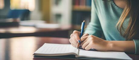 ein jung Schüler beim Zuhause studieren und Schreiben im ihr Notizbuch mit ein Bleistift vorbereiten zum ein Prüfung foto