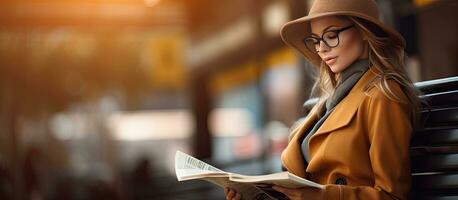 modisch Frau im fallen Kleidung Blicke beiseite umklammern Zeitschrift auf Bank im U-Bahn Bahnhof foto