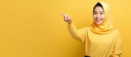 ein glücklich asiatisch Muslim Frau zeigen zu das links mit Kopieren Raum Stehen auf ein Gelb Hintergrund foto