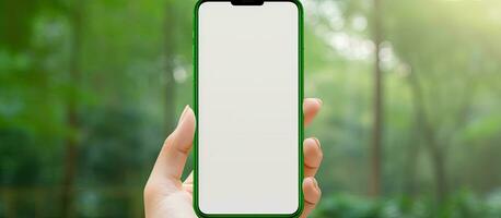 asiatisch Frau Teilen großartig Nachrichten mit ein Handy, Mobiltelefon Telefon Anzeigen ein leer Weiß Bildschirm gegen ein beschwingt Grün Hintergrund foto