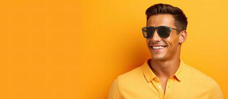 hoch Qualität Foto von ein jung männlich Unternehmer im Sonnenbrille Buchung zu Kopieren Raum auf ein Orange Hintergrund während Sommer- Ferien