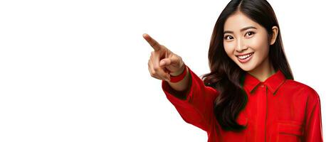 asiatisch Frau tragen rot Outfit lächelnd und zeigen oben zum Kopieren Raum foto