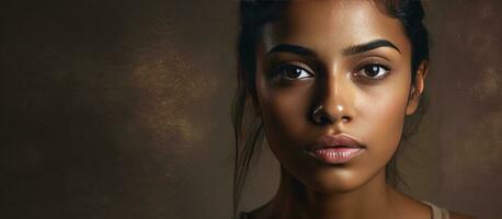 zusammengesetzt Bild von ein indisch Frau Prüfung ihr Betrachtung mit Text Über International Haut Pigmentierung Tag vermitteln das Konzept von Pigmentierung awar foto