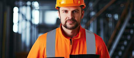 zusammengesetzt Bild von ein zuversichtlich kaukasisch männlich Arbeiter tragen Arbeitskleidung beim ein industriell Fabrik bereit zu fördern National Sicherheit Monat foto