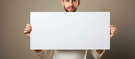 Mann halten ein leer Plakat zu Vitrine Ihre Text oder Design foto