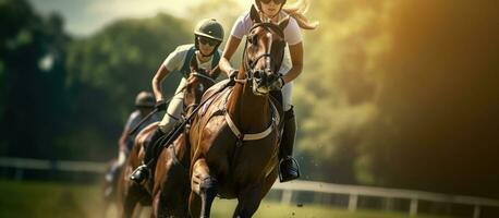 zusammengesetzt Bild von jung kaukasisch weiblich freunde genießen Pferd Reiten beim ein Ranch Darstellen Zusammengehörigkeit Tier Sport Pferdesport und Wettbewerb foto