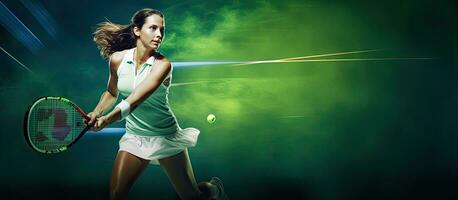 britisch Tennis Wettbewerb mit ein kaukasisch Frau spielen Tennis mit Neu Streichhölzer auf ein Grün Hintergrund Digital zusammengesetzt mit Schläger Kopieren Raum spor foto