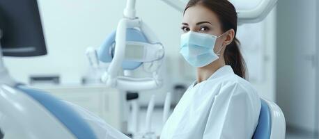 weiblich Arzt tragen Maske und Handschuhe Nächster zu geduldig auf Dental Stuhl mit Mund Spiegel foto