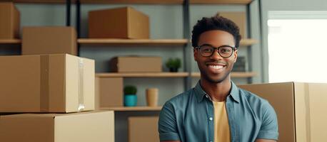 glücklich afrikanisch amerikanisch Kerl tragen Brille posieren mit gefaltet Waffen im Vorderseite von Karton Kisten attraktiv schwarz Mann im Neu Zuhause auf ziehen um Tag Panorama- vi foto