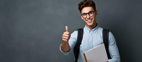 glücklich Schüler zeigt an etwas auf ein leer Hintergrund foto