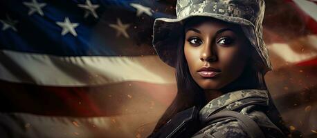 afrikanisch amerikanisch weiblich Soldat feiern Veteranen Tag und Sein dankte zum ihr Bedienung zusammengesetzt Bild mit Militär- Thema foto