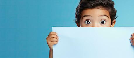 Kind hinter Blau Papier Finger zeigen Kopieren Raum zum Anzeige foto