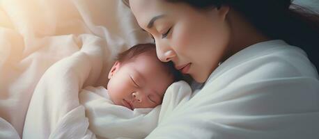 Porträt von ein jung Mutter küssen ihr Schlafen Baby im Bett mit Kopieren Raum foto