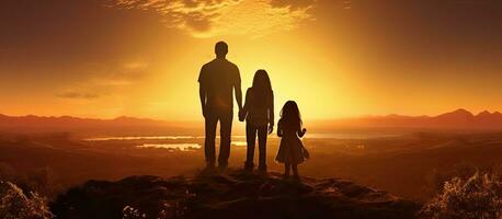 ein Sonnenuntergang Silhouette von ein Familie Stehen auf ein Hügel Blick gegenüber das Horizont foto