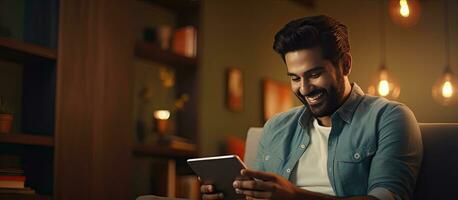 indisch Mann mit Digital Tablette beim Zuhause Büro Surfen Internet auf modern Gadget genießen Neu App foto