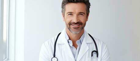männlich Gesundheitswesen Fachmann im Weiß medizinisch Kleidung und mit Brille und ein Stethoskop lächelt und Blicke beim das Kamera gegen ein Weiß Hintergrund mit ro foto