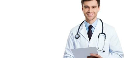 männlich Arzt im Weiß Mantel mit Stethoskop und Lächeln suchen beim Kamera mit positiv Ergebnisse auf Weiß Hintergrund Raum zum Text Gesundheitswesen foto