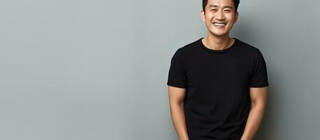 asiatisch männlich lächelnd und halten ein leer Raum gekleidet im schwarz Polo t Hemd auf Weiß Hintergrund foto