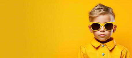 kaukasisch Junge mit Sonnenbrille auf Gelb Hintergrund Darstellen Bewusstsein und Schutz foto