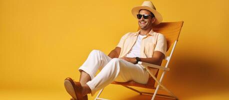 lächelnd Tourist Mann im Sommer- Kleider Sitzung auf ein Deck Stuhl isoliert auf Gelb Hintergrund foto