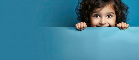 Kind glücklich positioniert hinter leer Blau Papier mit Zimmer zum Anzeige foto
