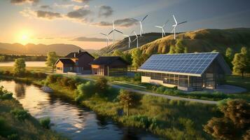 Stromversorgung das Zukunft. 3d Einsichten in verlängerbar Energie Generation. ai generiert foto