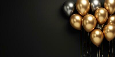 schwarz und golden Luftballons auf schwarz Hintergrund mit Kopieren Raum, Geburtstag Feier Hintergrund foto