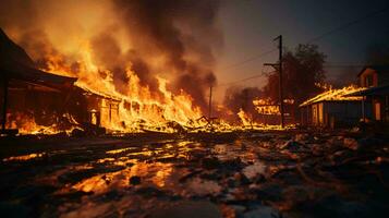 Feuer im das Stadt, Häuser sind Verbrennung im Flammen und Feuer. ai generiert foto