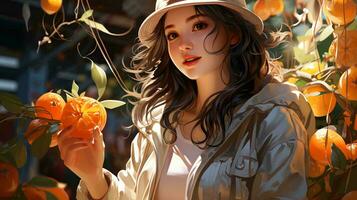 ein schön Mädchen im ein Orange Obstgarten hält ein Orange im ihr Hand. ai generiert foto