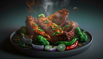 gegrillt Rindfleisch Filet Steaks mit Kräuter und Gewürze auf dunkel Hintergrund. ai generativ foto