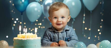 glücklich 1 Jahr alt Junge halten ein Geburtstag Kuchen feiern zuerst Geburtstag foto