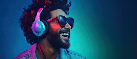 Hipster Mann tragen Kopfhörer Tanzen und Singen mit ein öffnen Mund Lächeln im ein Porträt mit ein Blau Hintergrund und gemischt Neon- Licht präsentieren seine Mode foto