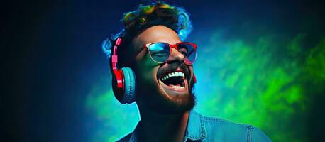 Hipster Mann tragen Kopfhörer Tanzen und Singen mit ein öffnen Mund Lächeln im ein Porträt mit ein Blau Hintergrund und gemischt Neon- Licht präsentieren seine Mode foto