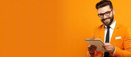 Porträt von ein lächelnd Schüler nehmen Anmerkungen mit ein Bart auf ein Orange Hintergrund symbolisieren Geschäft Strategie Anfang Idee und Zeit Verwaltung foto