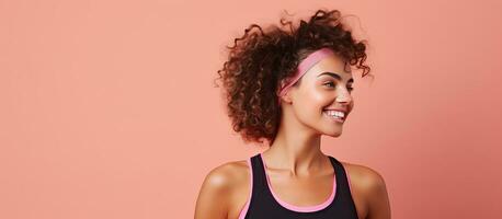 sportlich Frau auf Rosa Hintergrund tun erstreckt sich lockig Haar im ein Stirnband beschwingt Trikot Fitness Konzept leeren Bereich zum Text foto