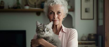 Alten Frau mit Katze allein beim Zuhause zeigen Zeichen von Demenz und Depression foto