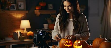 weiblich kaukasisch Herstellung ein Video Lernprogramm Schneiden ein Halloween Kürbis beim Zuhause mit ein schwarz behaart und Digital Kamera foto