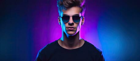 modisch männlich Modell- tragen schwarz Kleider und Brille posiert gegen ein Blau Hintergrund mit gemischt Neon- Beleuchtung präsentieren modisch Mode Stil zum Teen foto